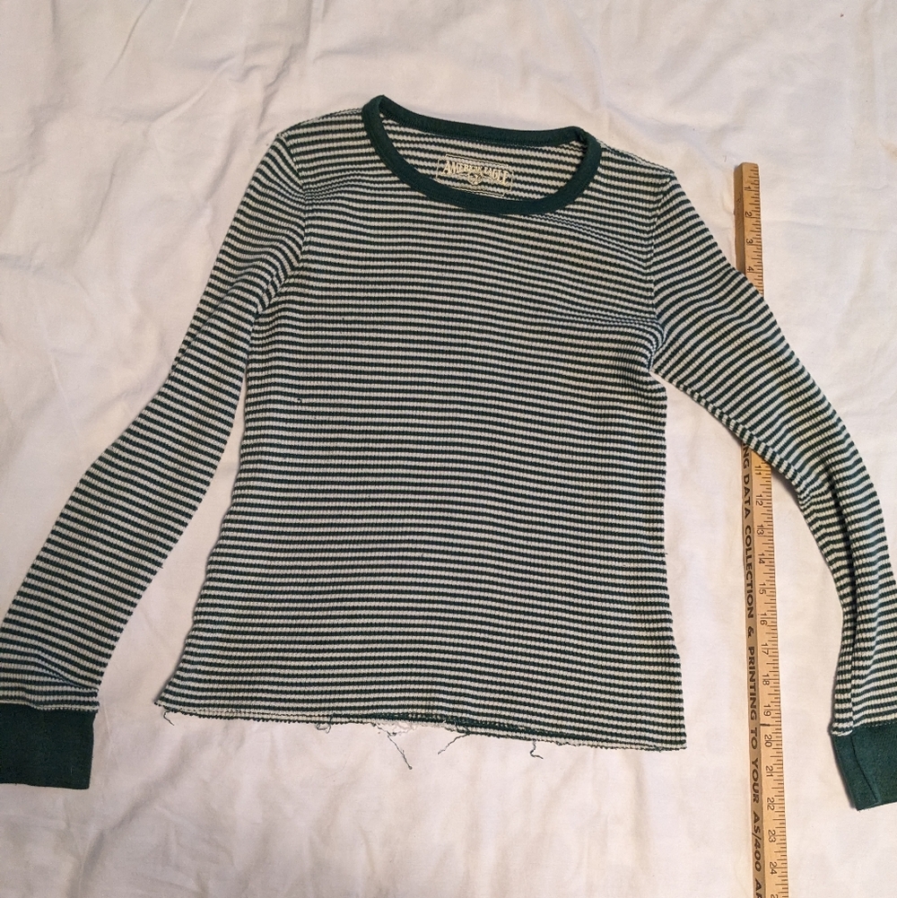 American Eagle Green and White Striped Long Sleeve